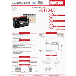 BS AKUMULATOR BT7B-BS (YT7B-BS) 12V 6,5AH 150X65X93 BEZOBSŁUGOWY - ELEKTROLIT OSOBNO (85A) (8) UE2019/1148